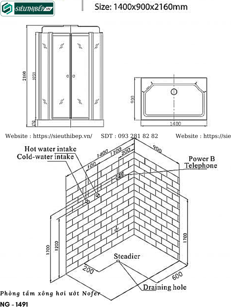 Phòng tắm xông hơi ướt Nofer NG - 1491 (Công nghệ Châu Âu)