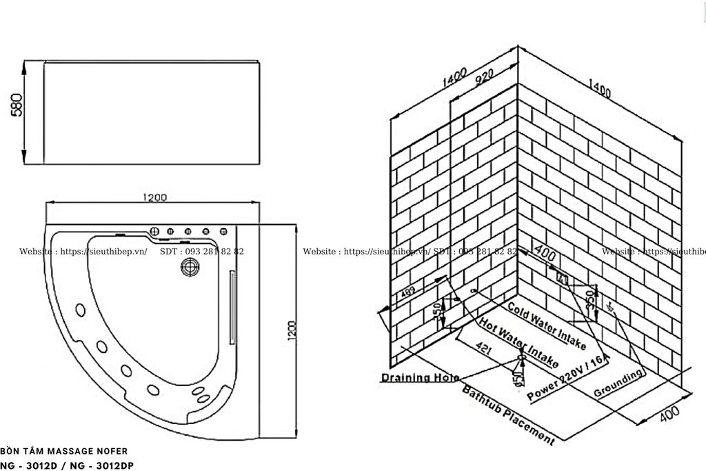 Bồn tắm massage Nofer NG - 3012D / NG - 3012DP (Công nghệ Châu Âu)