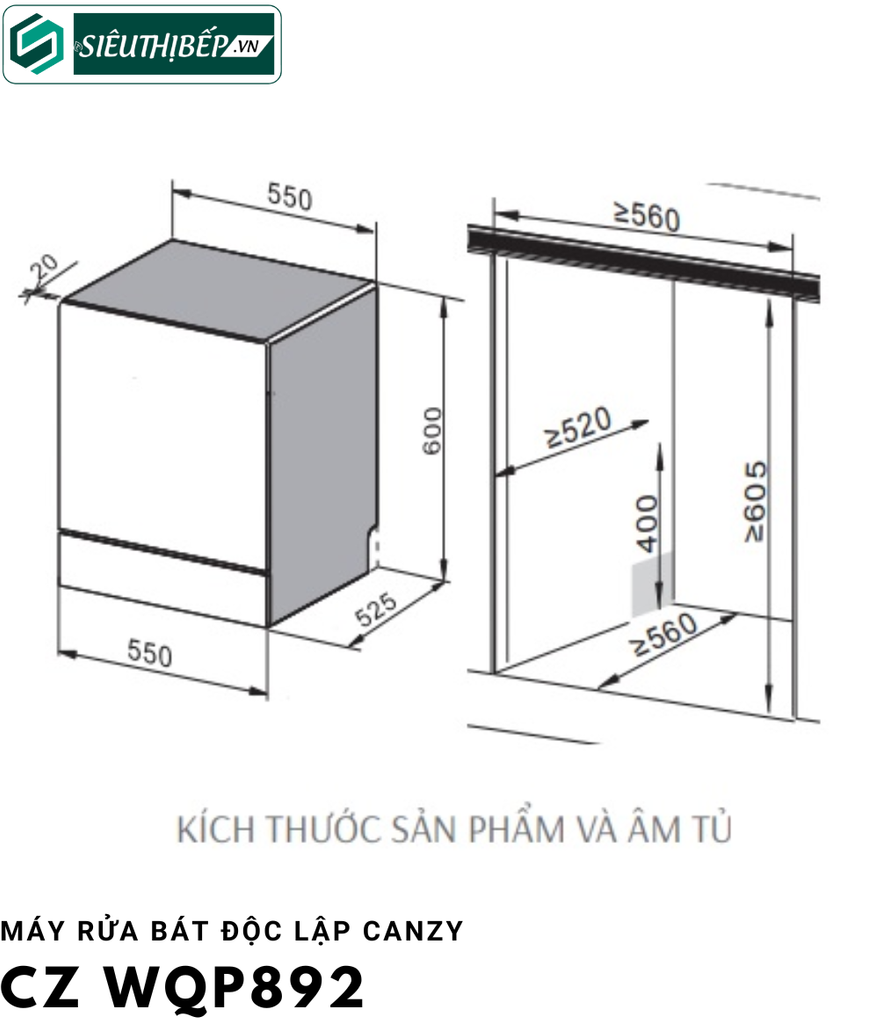 Máy rửa bát Canzy CZ WQP892 (8 bộ đồ ăn Châu Âu)