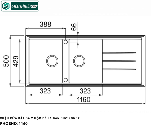 Chậu rửa bát đá Konox Phoenix 1160 (2 hộc đều 1 bàn chờ)