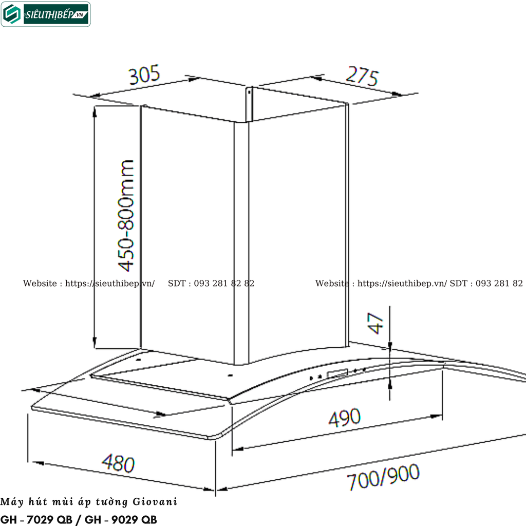 Máy hút mùi Giovani GH - 7029 QB / GH - 9029 QB (Áp tường, kính cong)