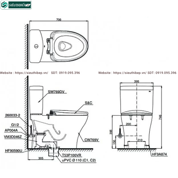 Bồn cầu 2 khối TOTO CS769DRT8#XW (Nắp Đóng Êm TC600VS)