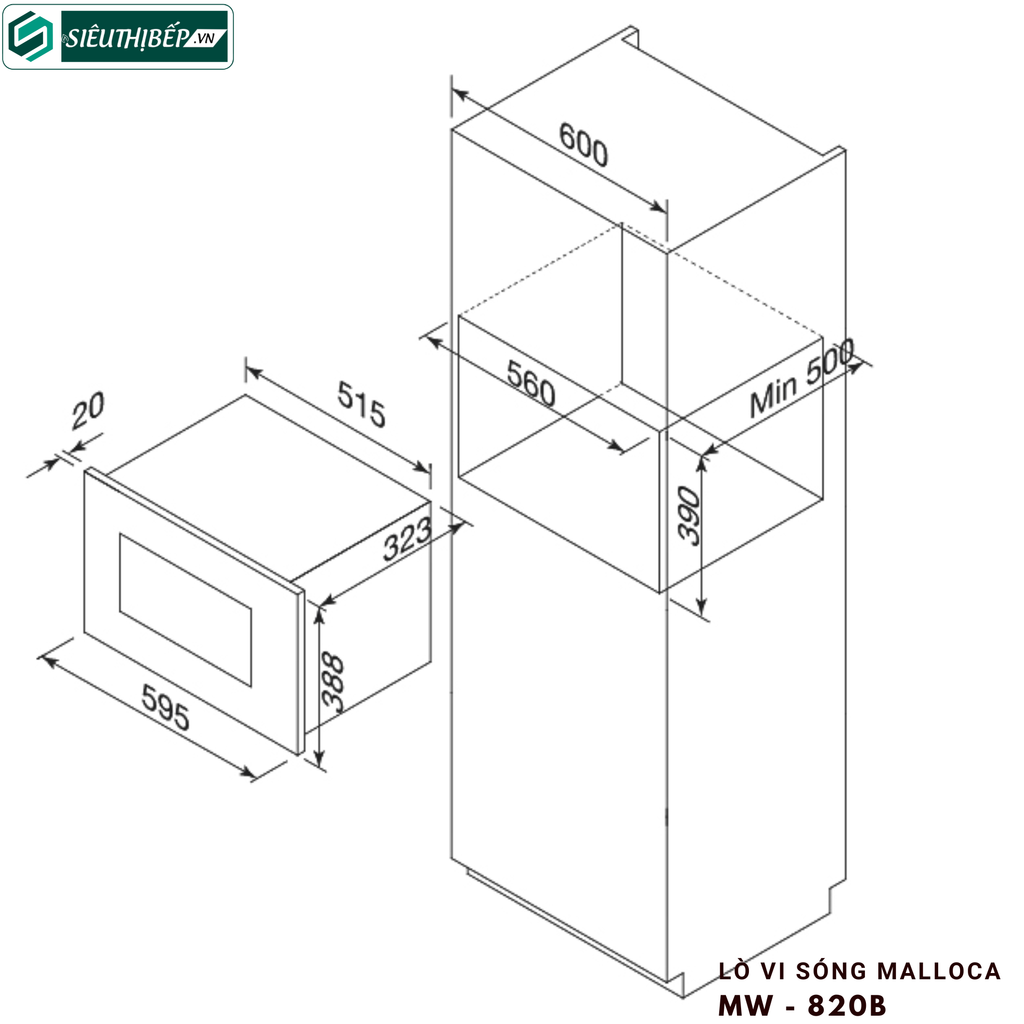 Lò vi sóng Malloca MW - 820B (Âm tủ - 20 Lít)