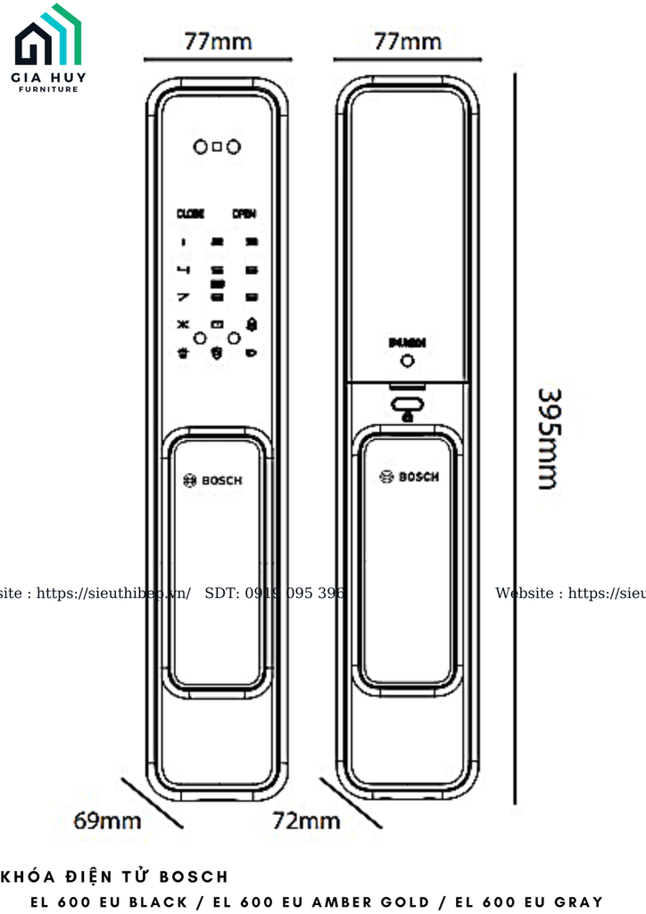 Khóa điện tử Bosch EL 600 EU BLACK / EL 600 EU AMBER GOLD / EL 600 EU GRAY (Mở khóa bằng APP thông minh)