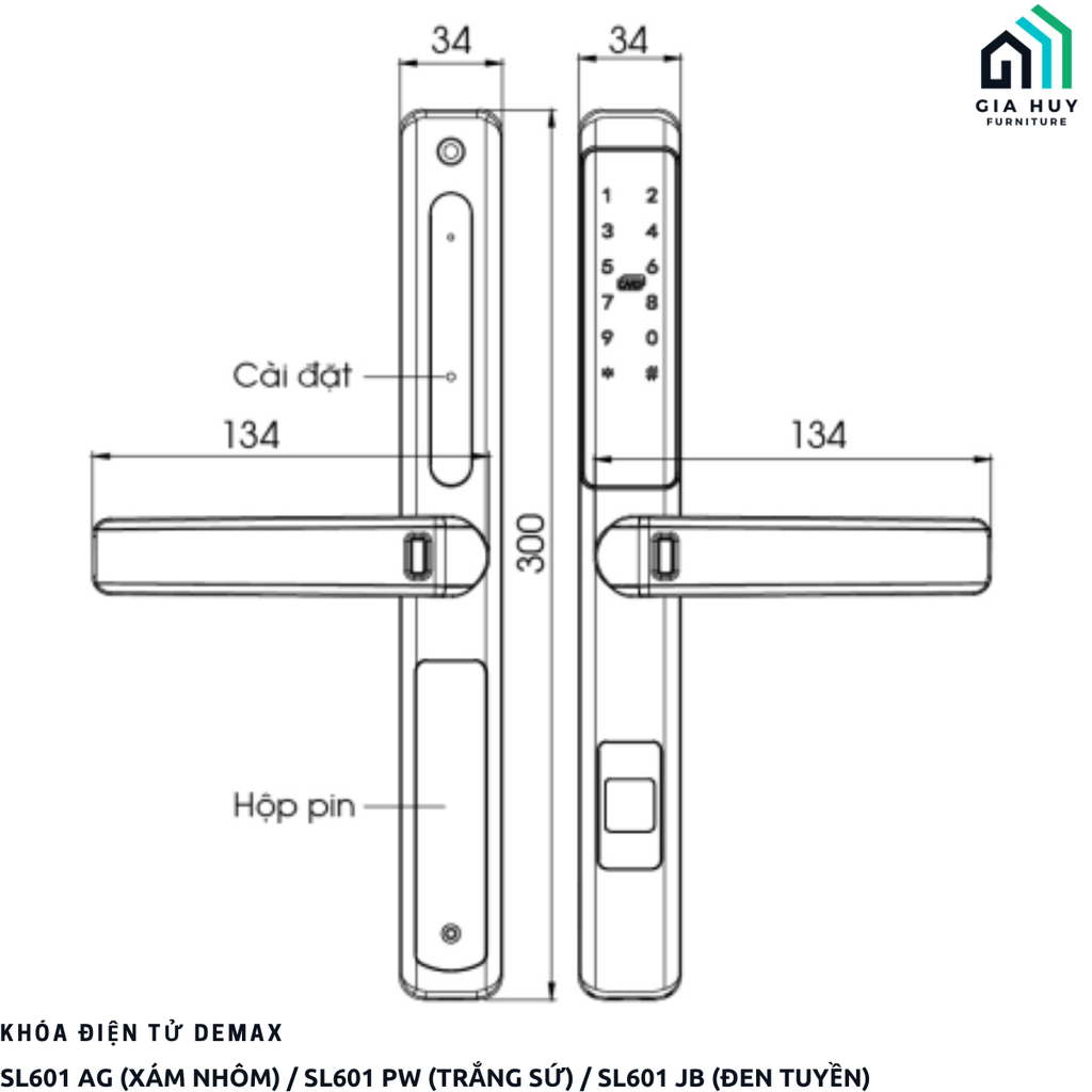 Khóa điện tử Demax SL601 AG (Xám Nhôm) / SL601 PW (Trắng sứ) / SL601 JB (Đen Tuyền) Chống nước