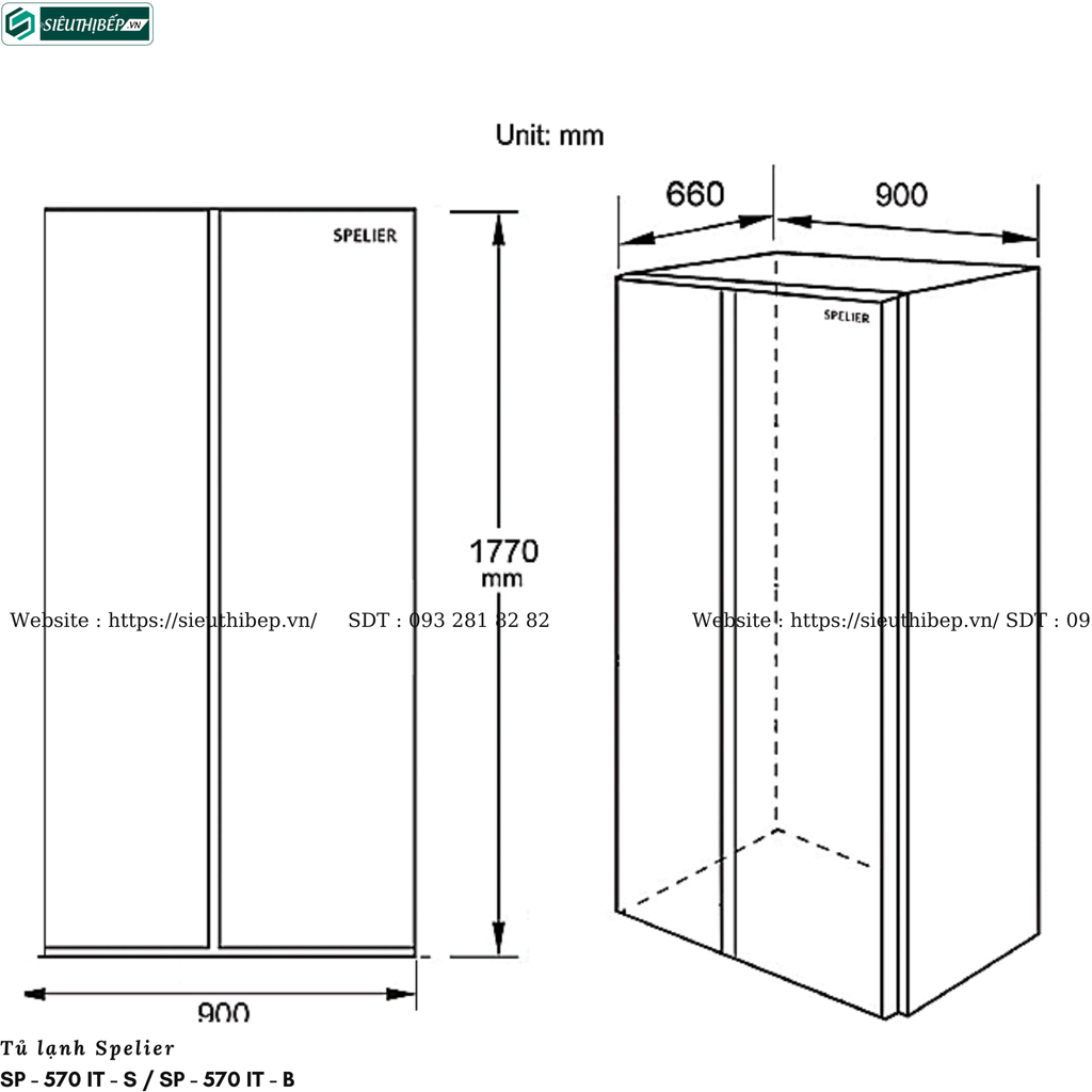 Tủ lạnh Spelier SP - 570 IT - S / SP - 570 IT - B (Side by side 2 cánh - 547 Lít)