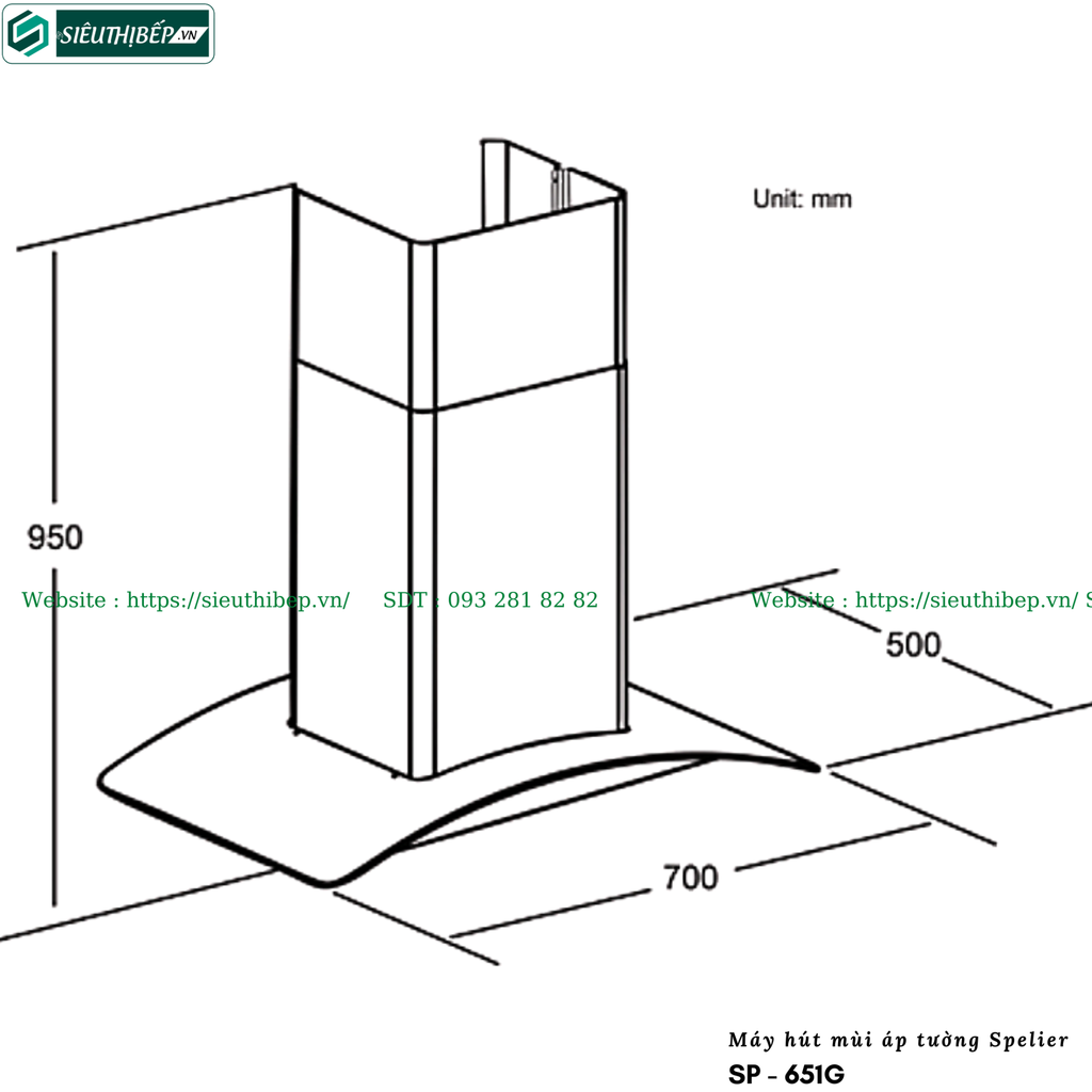 Máy hút mùi Spelier SP - 651G (Áp tường - Kính cong)