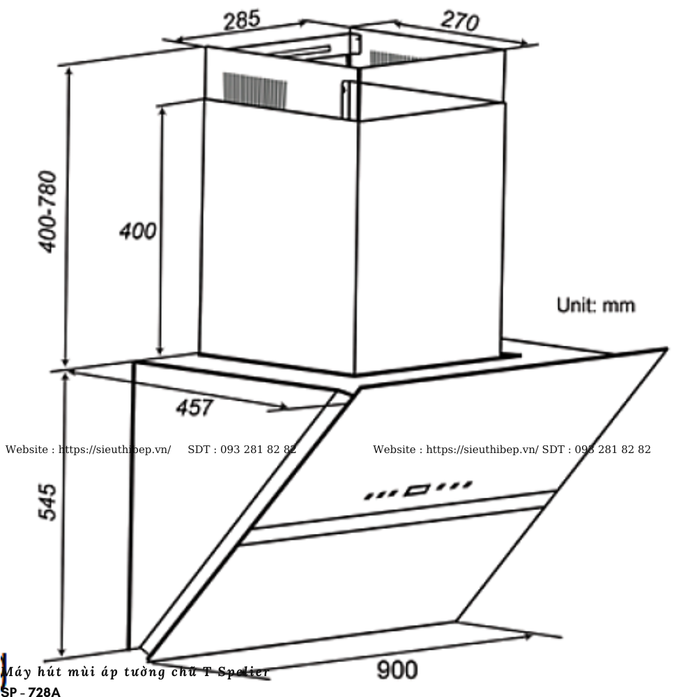 Máy hút mùi Spelier SP - 728A (Áp tường - Kính vát)