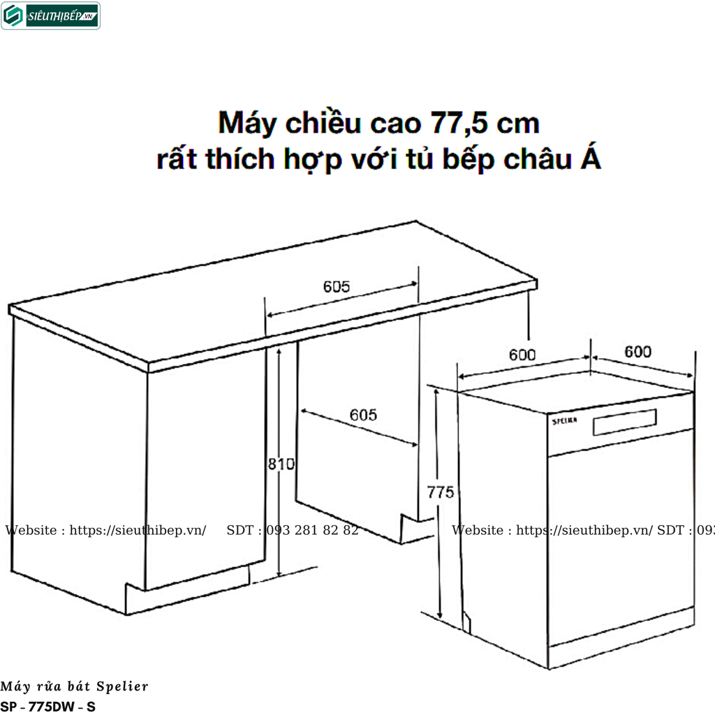 Máy rửa bát Spelier SP - 775DW - B / SP - 775DW - S (Độc lập - 13 bộ đồ ăn Châu Âu)