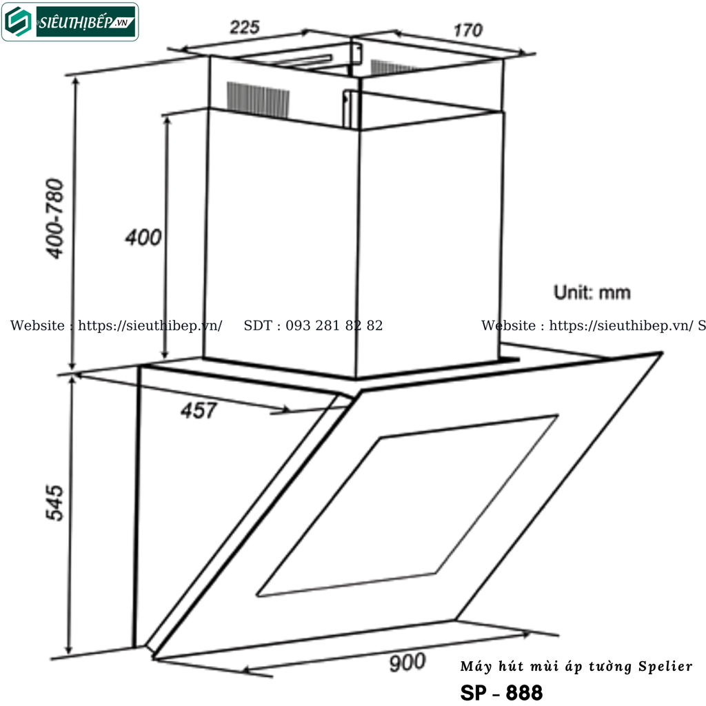 Máy hút mùi Spelier SP - 888 (Áp tường - Kính vát)