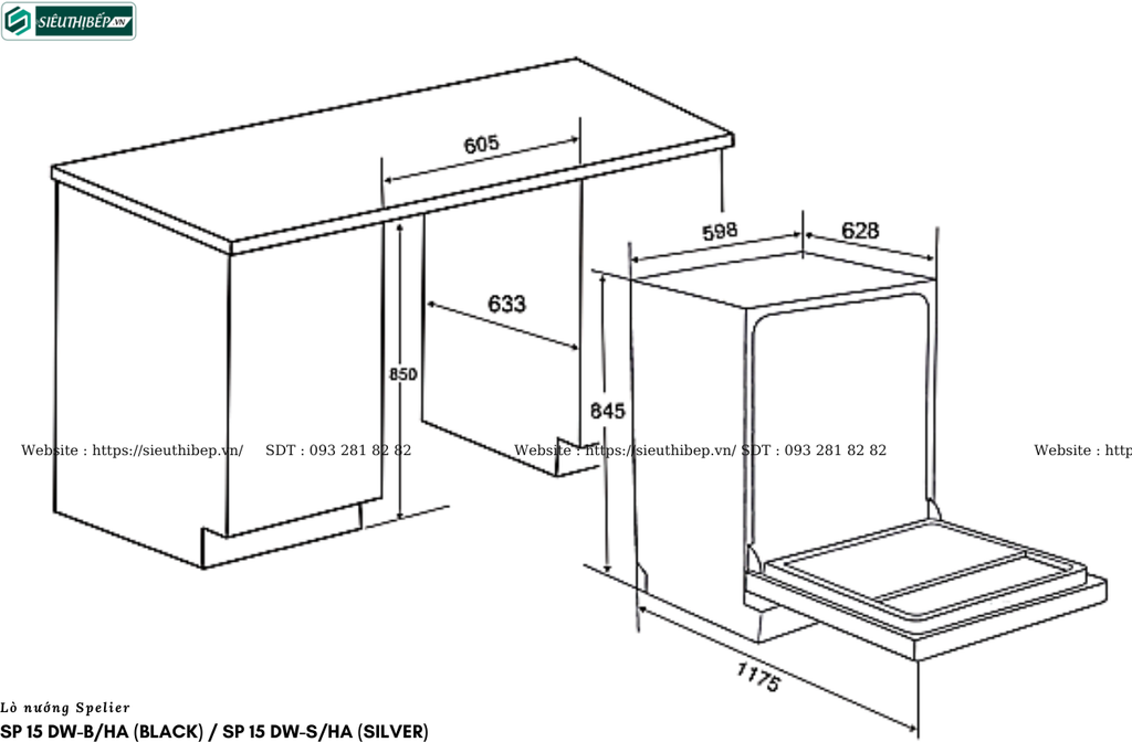 Máy rửa bát Spelier SP 15 DW-B/HA (Black) / SP 15 DW-S/HA (Silver) ( Độc lập - 15 bộ đồ ăn Châu Âu)
