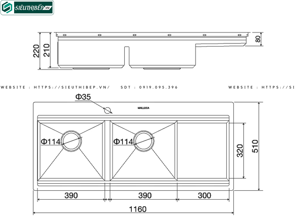 Chậu rửa bát Malloca Slide MS 1162R (2 hộc đều, 1 bàn chờ)