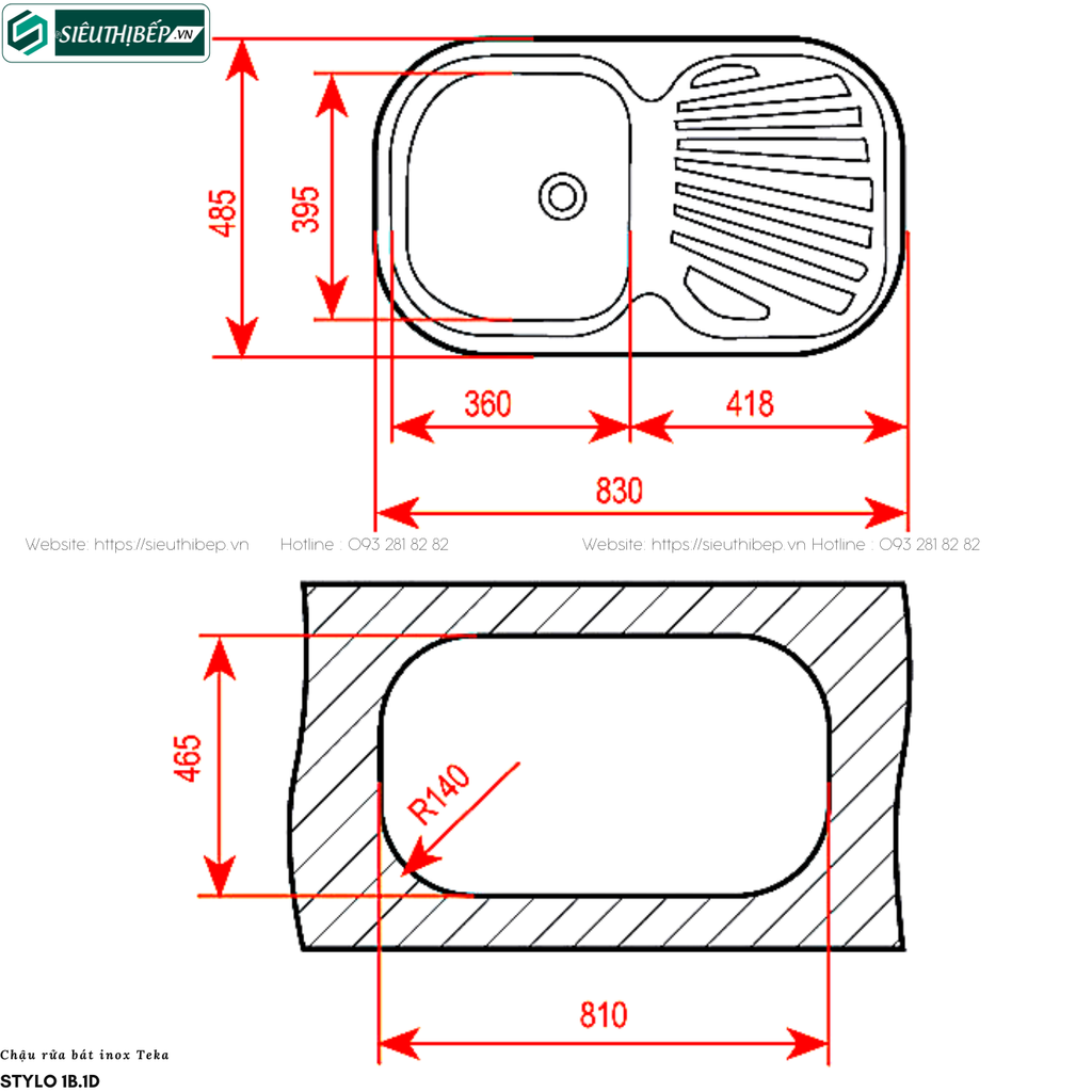 Chậu rửa bát Teka STYLO 1B.1D (Inox 1 hộc rửa, 1 bàn chờ - Made in Spain)