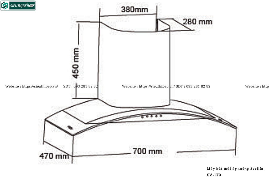Máy hút mùi Sevilla SV - 170 (Áp tường - Kính cong)