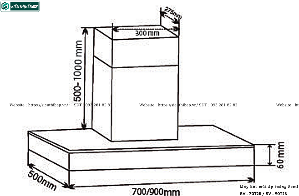 Máy hút mùi Sevilla SV - 70T2B / SV - 90T2B (Áp tường - Chữ T)