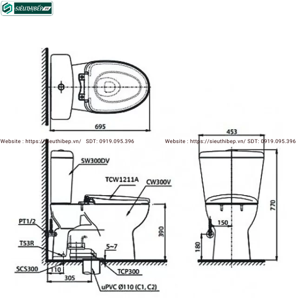 Bồn cầu 2 khối TOTO CS300DRE4#W (Nắp Rửa Cơ TCW1211A)