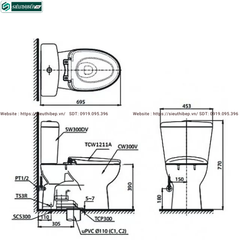 Bồn cầu 2 khối TOTO CS300DRE4#W (Nắp Rửa Cơ TCW1211A)