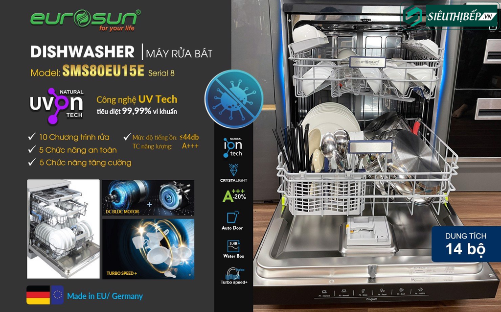 Máy rửa bát Eurosun SMS80EU15E Công nghệ Sấy Turbo Fan Dry (Turkey)