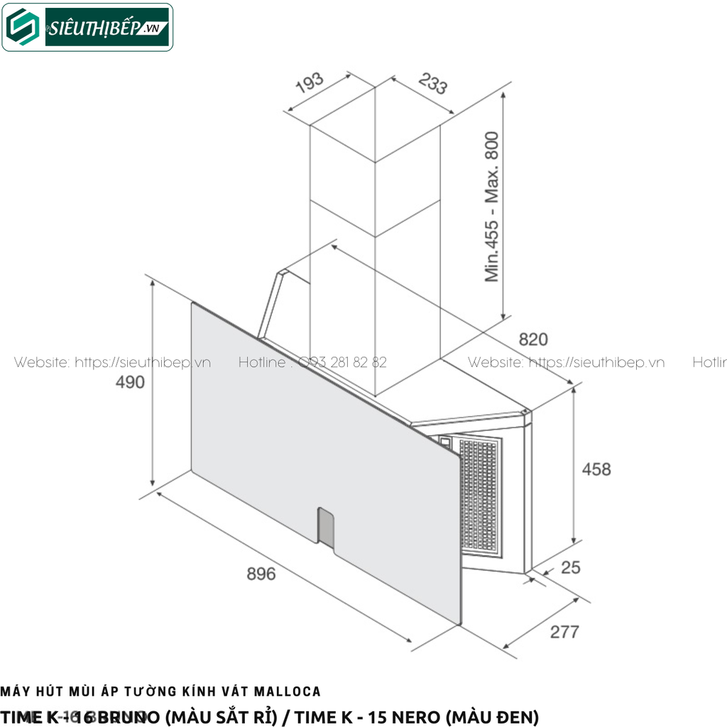Máy hút mùi Malloca TIME K - 16 BRUNO / TIME K - 15 NERO (Áp tường - Kính vát)