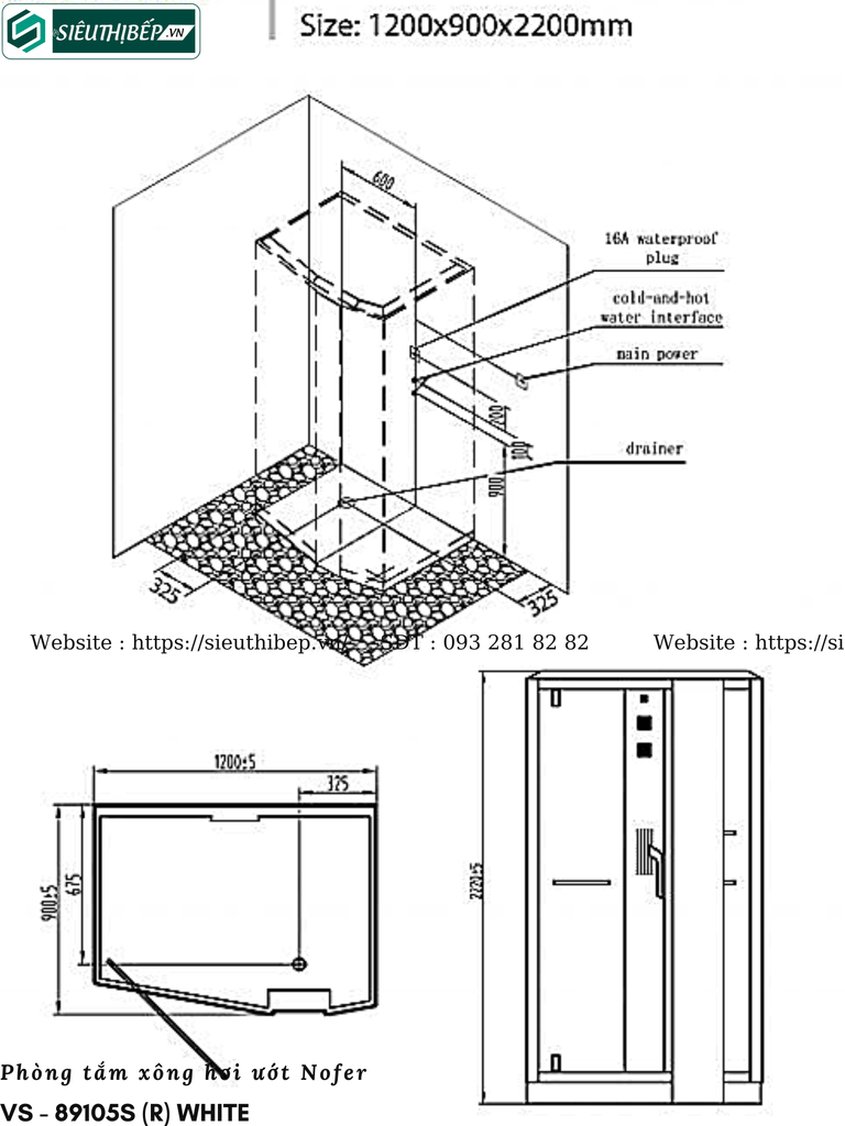 Phòng tắm xông hơi ướt Nofer VS - 89105S (R) White (Công nghệ Châu Âu)