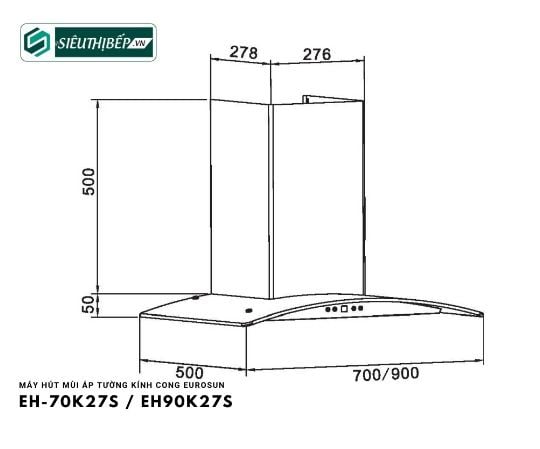 Máy hút mùi Eurosun EH - 70K27S / EH - 90K27S (Áp tường kính cong)