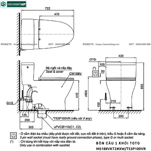 Bồn cầu 1 khối TOTO MS188VKT2#XW/T53P100VR (Nắp Đóng Êm TC393VS)