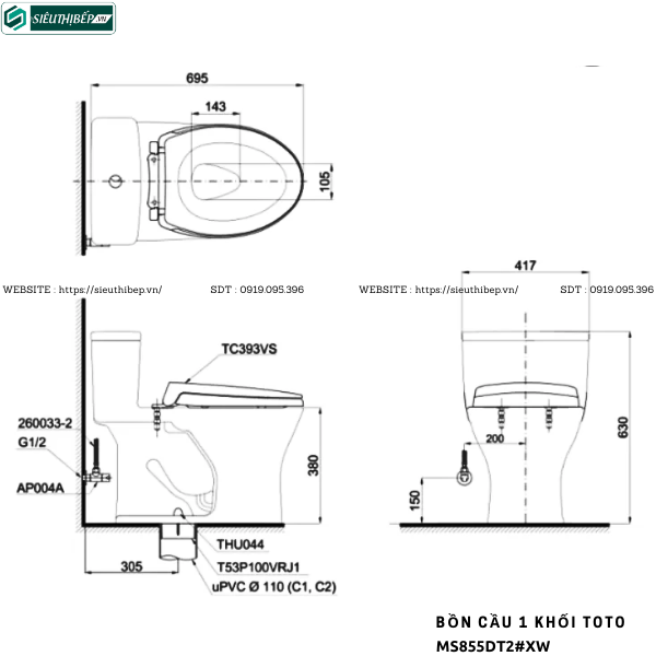 Bồn cầu 1 khối TOTO MS855DT2#XW (Nắp Đóng Êm TC393VS)