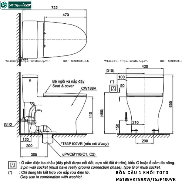 Bồn cầu 1 khối TOTO MS188VKT8#XW/T53P100VR (Nắp Đóng Êm TC600VS)