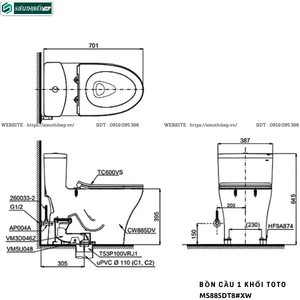 Bồn cầu 1 khối TOTO MS885DT8#XW (Nắp Đóng Êm TC600VS)
