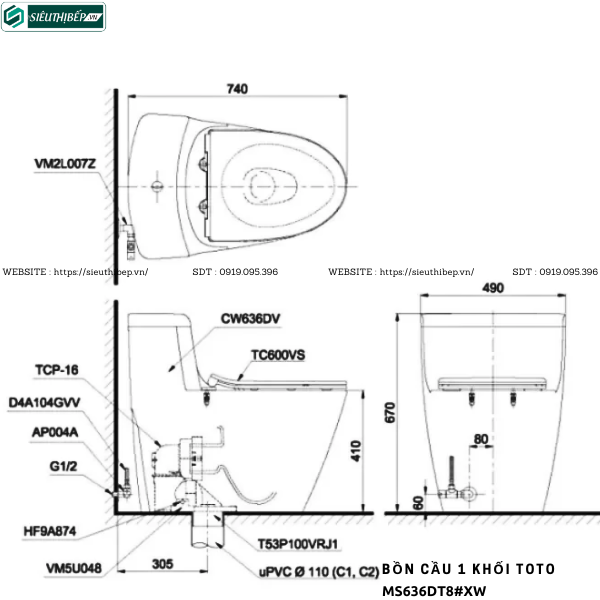 Bồn cầu 1 khối TOTO MS636DT8#XW (Nắp Đóng Êm TC600VS)