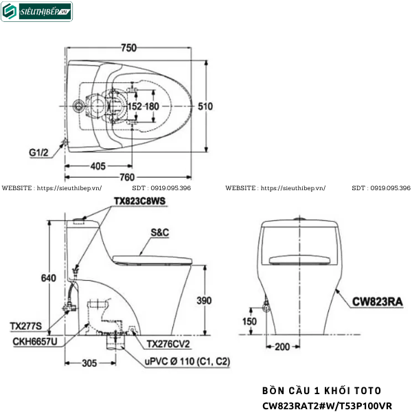 Bồn cầu 1 khối TOTO CW823RAT2#W/T53P100VR (Nắp Đóng Êm TC393VS)