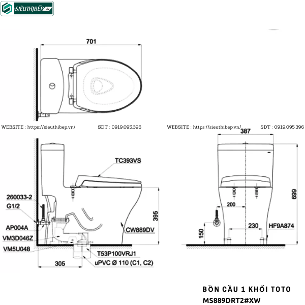 Bồn cầu 1 khối TOTO MS889DRT2#XW (Nắp Đóng Êm TC393VS)