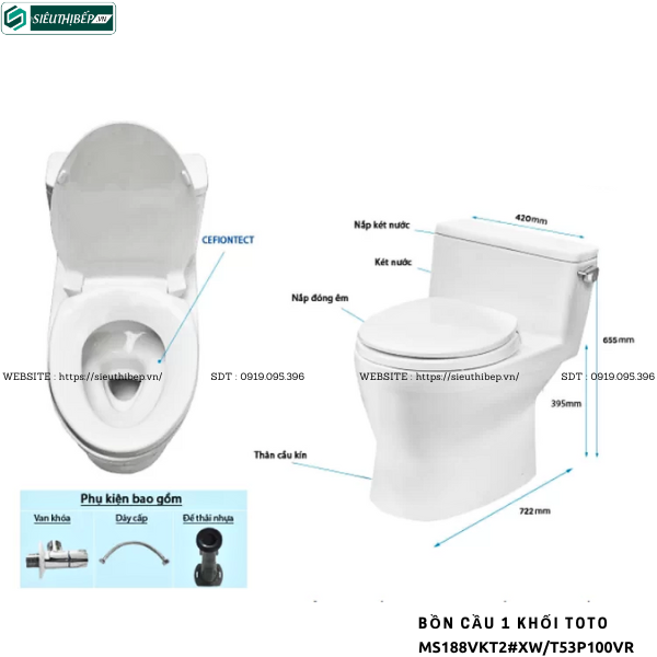 Bồn cầu 1 khối TOTO MS188VKT2#XW/T53P100VR (Nắp Đóng Êm TC393VS)