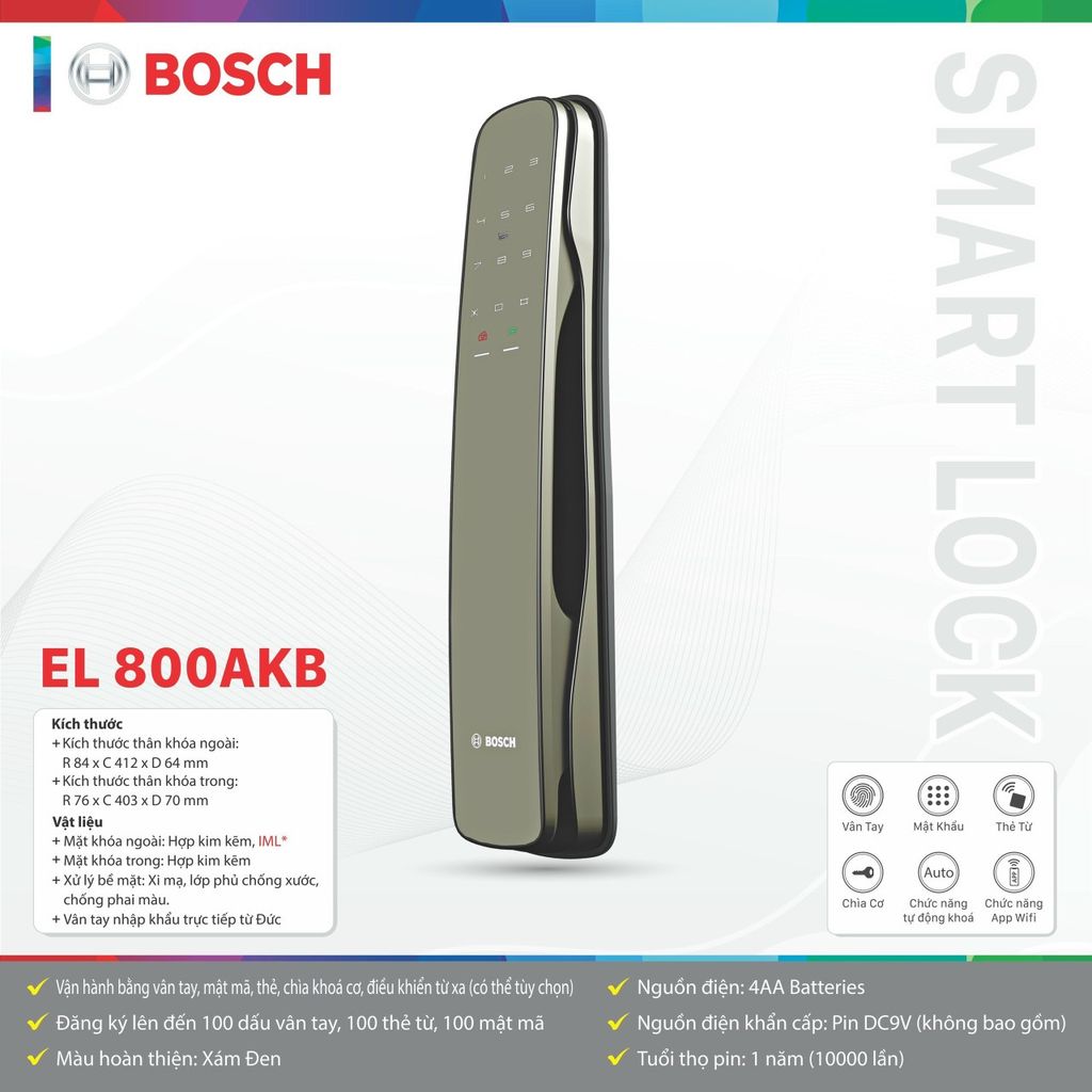 Khóa điện tử Bosch EL 800AK / EL 800AKB (Mở khóa bằng APP điện thoại thông minh)