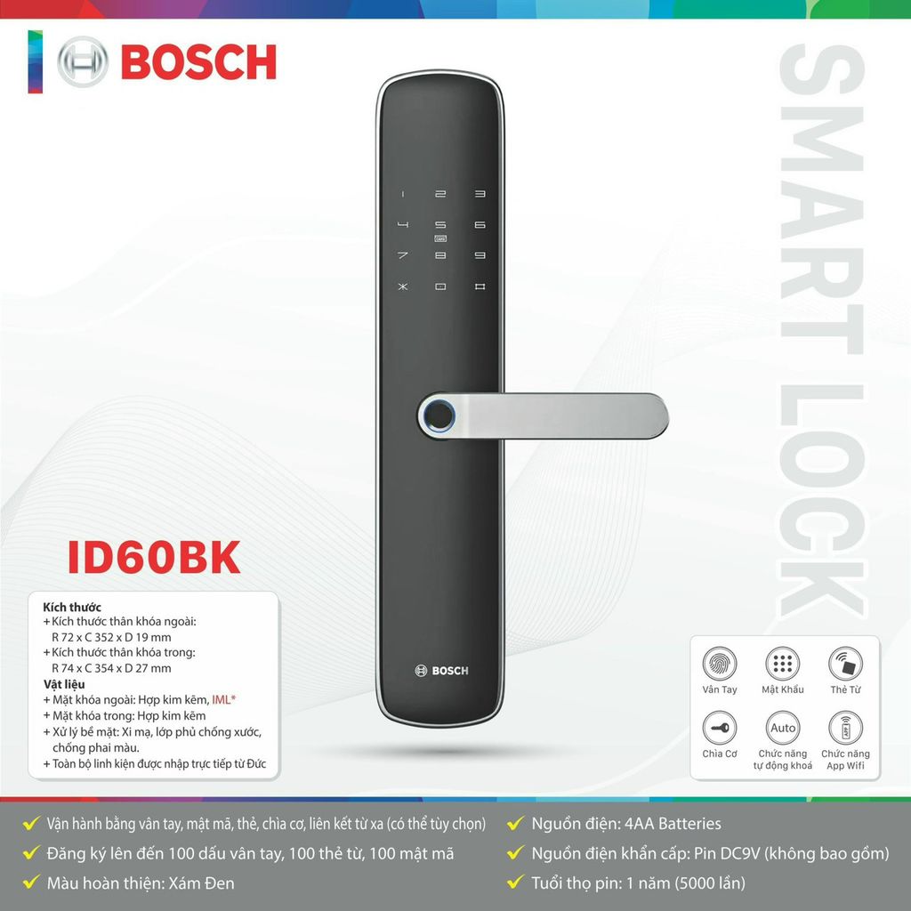 Khóa điện tử Bosch ID 60BK / ID 60GK (Mở khóa bằng APP Wifi thông minh)