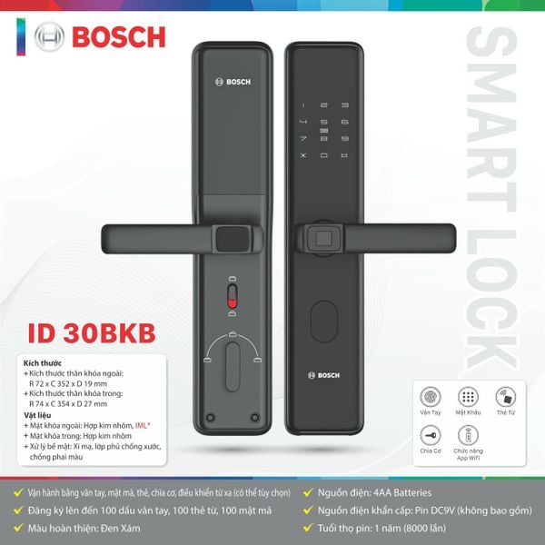 Khóa điện tử Bosch ID 30BK / ID 30KB (Mở khóa bằng APP Wifi thông minh)