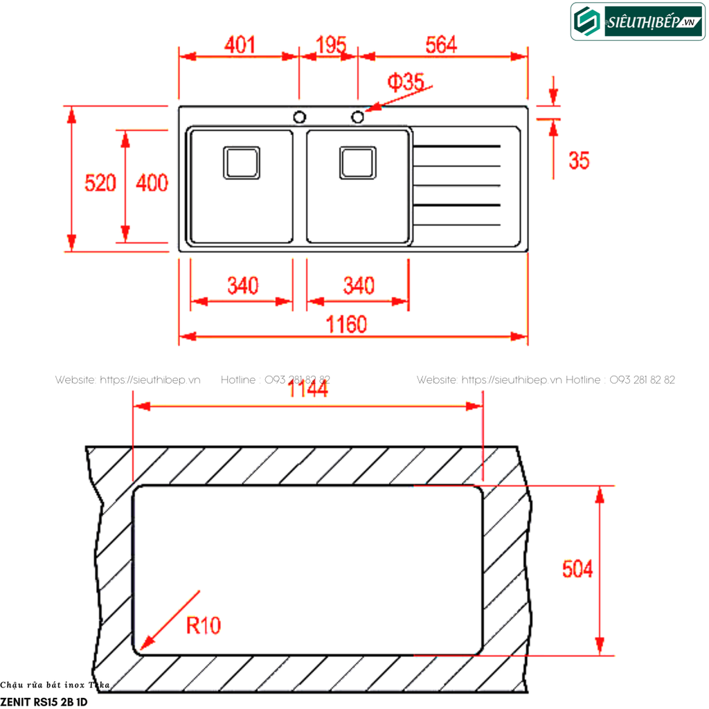 Chậu rửa bát Teka ZENIT RS15 2B 1D (Inox - 2 hộc 1 bàn chờ)