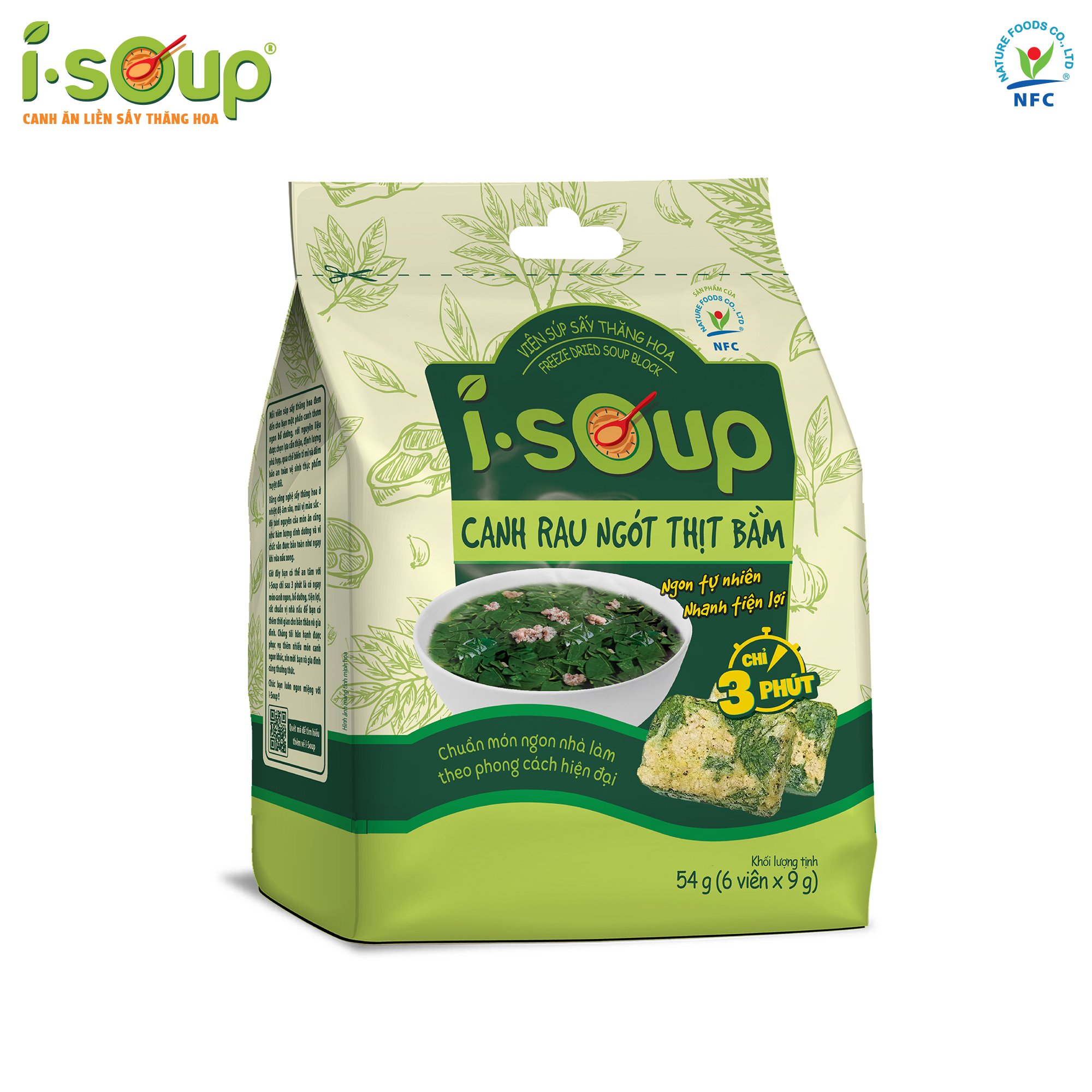 Canh Rau Ngót Thịt Bằm Ăn Liền ISOUP 54g 06 viên - Viên Canh Ăn Liền Sấy Thăng Hoa