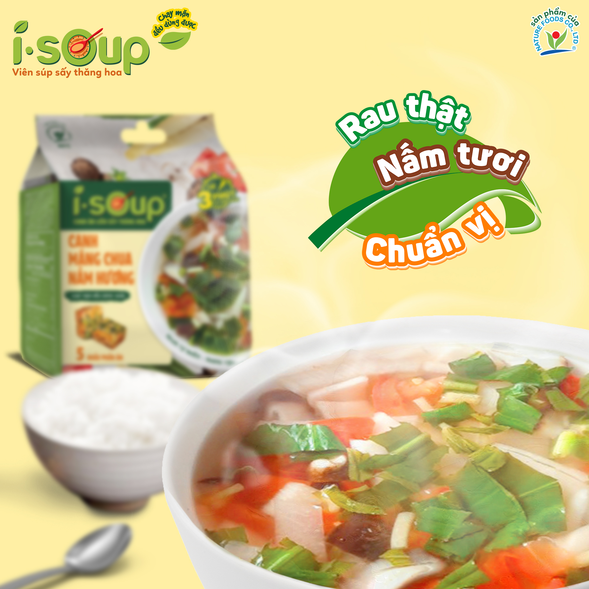 Canh Măng Chua Nấm Hương Ăn Liền ISOUP 50g 05 Viên - Viên Canh Ăn Liền Sấy Thăng Hoa