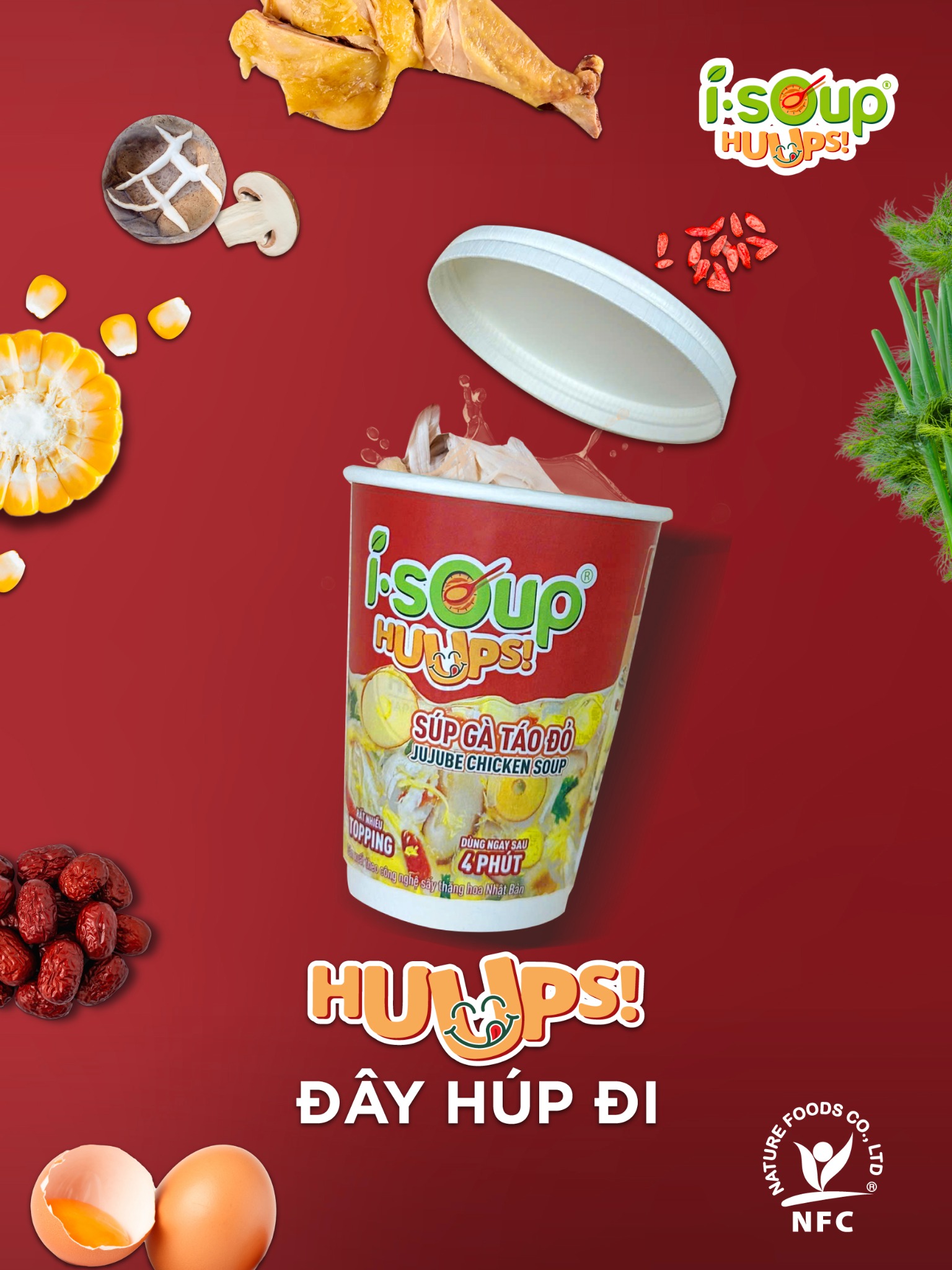 Súp Gà Táo Đỏ Ăn Liền ISOUP HUUPS! Hũ 12G - Súp Ăn Liền Sấy Thăng Hoa