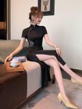  Sườn Xám Đen Lửng Thêu hoa 