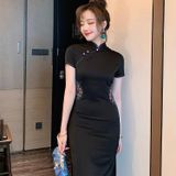  Sườn Xám Đen Lửng Thêu hoa 