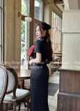  Sườn Xám Lụa Dài 2 Lớp Đen Vân Hoa 