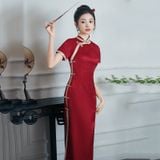  Sườn Xám Lụa Dài Đỏ 