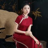  Sườn Xám Lụa Dài Đỏ 