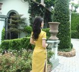  Sườn Xám Gấm Dài Vàng 