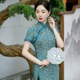  Sườn Xám Lụa Dài Xanh 
