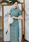  Sườn Xám Lụa Dài Xanh 