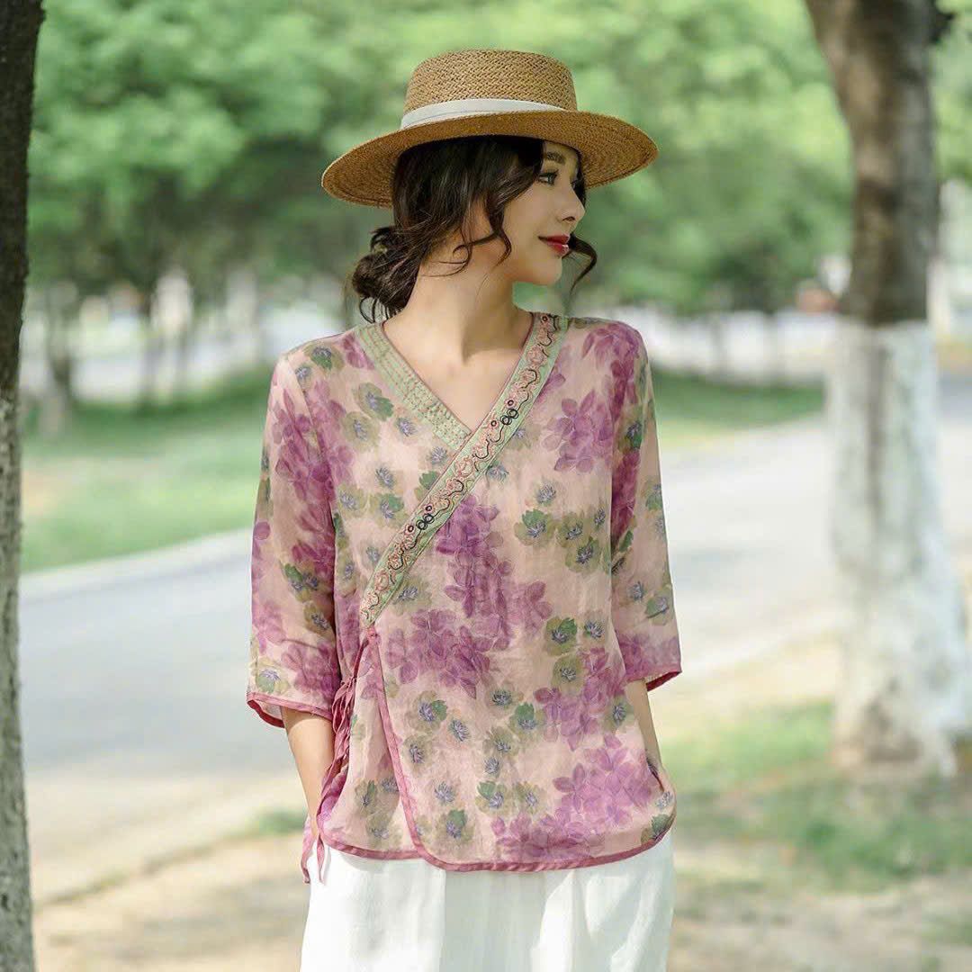  ÁO TAY LỠ HOA HỒNG TÍM 