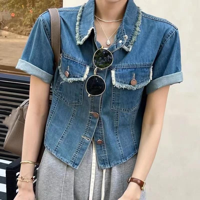  Áo Sơ Mi Jean Sisi Crop Tay Lật Tua Lai Mã 5063 